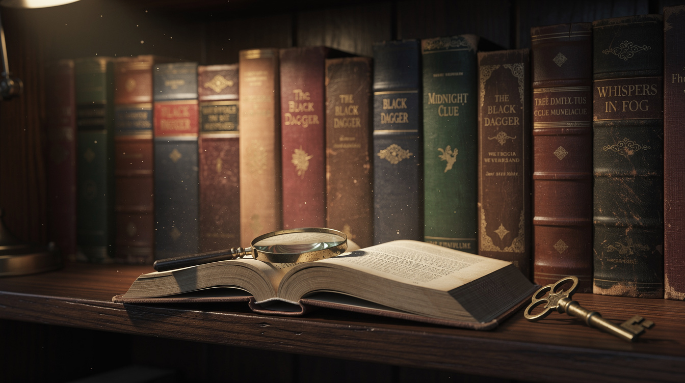 Shelf of vintage mystery novels with dim lighting