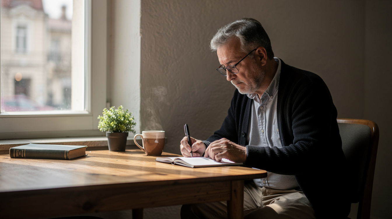 Croatian author writing at a wooden desk by window light