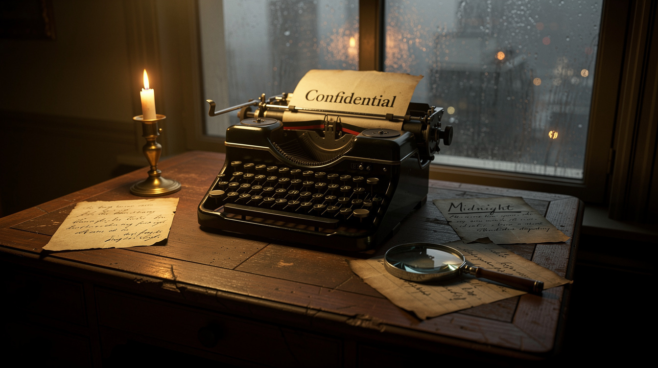 Old wooden writing desk with a vintage typewriter and candlelight