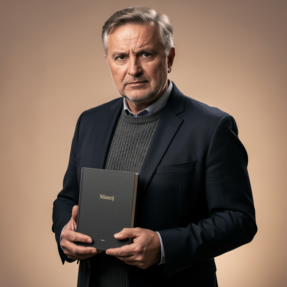 Portrait of a middle-aged Croatian male author holding a book