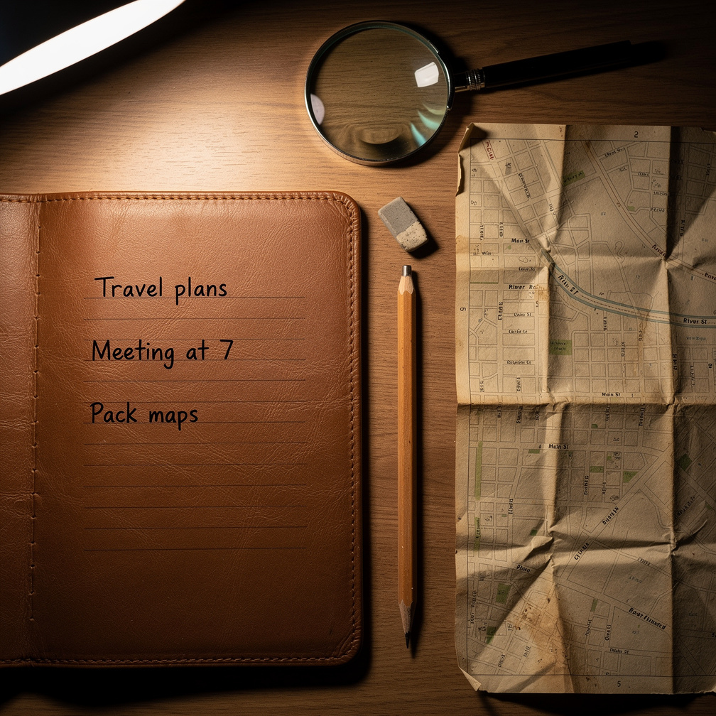 Open notebook with handwritten notes beside an old city map