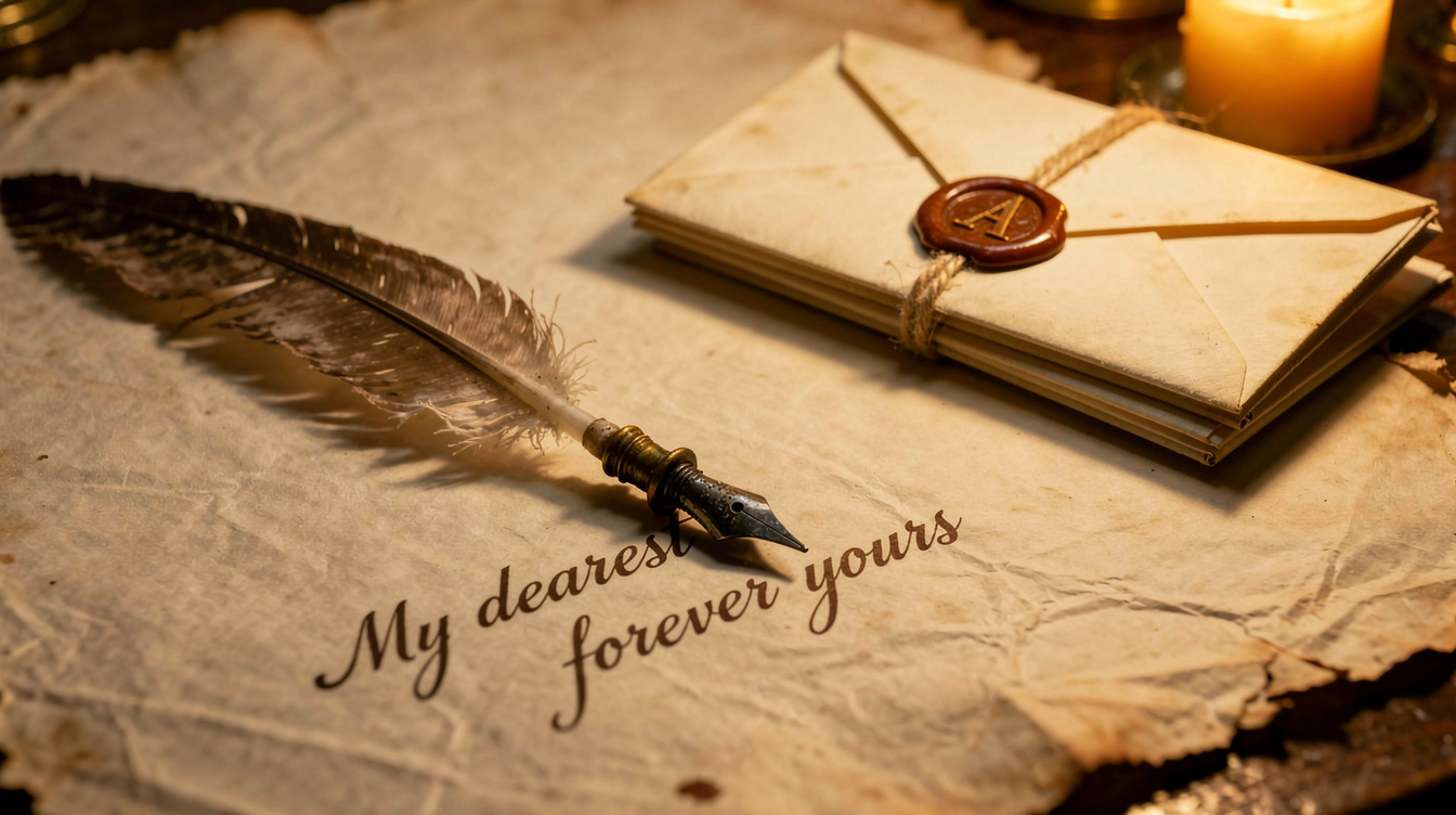 Antique quill pen writing on parchment beside sealed letters