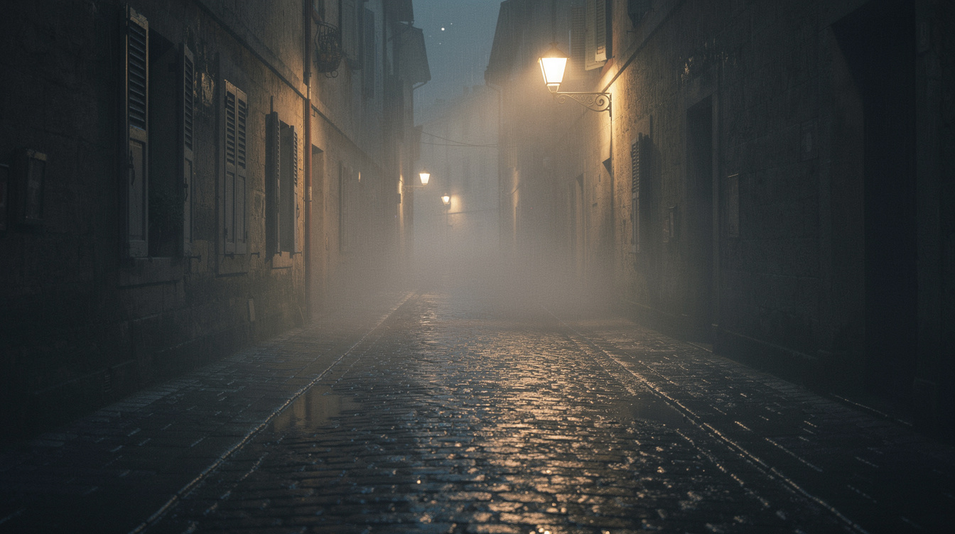 Foggy cobblestone alley at night with a lit streetlamp