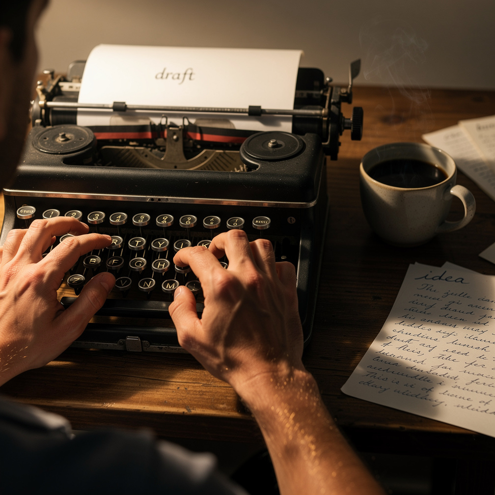 Close-up of hands typing on a vintage typewriter