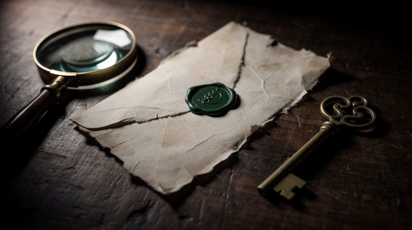Aged envelope sealed with wax next to an antique key